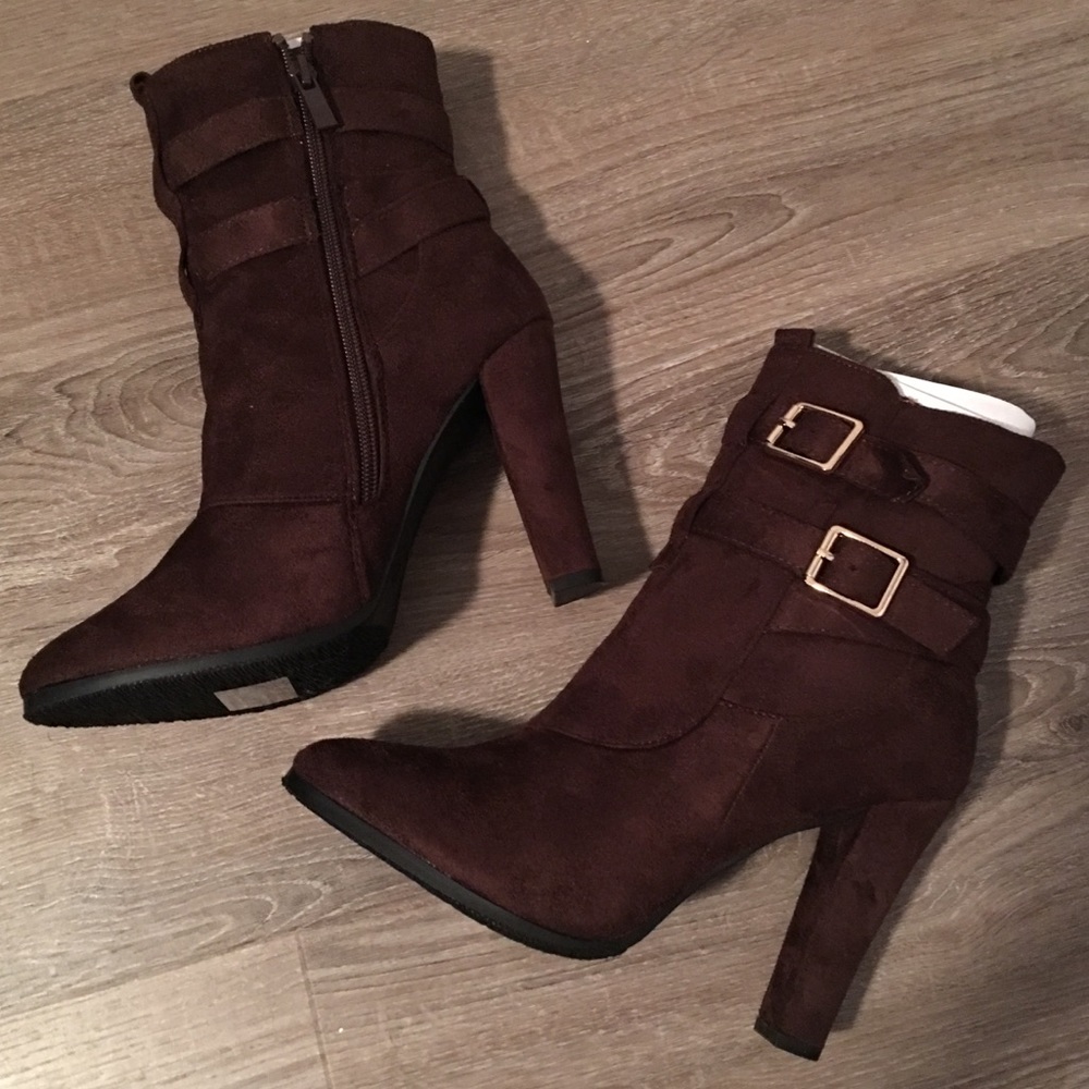 Suede Dark Brown Booties Gold Buckle Decor